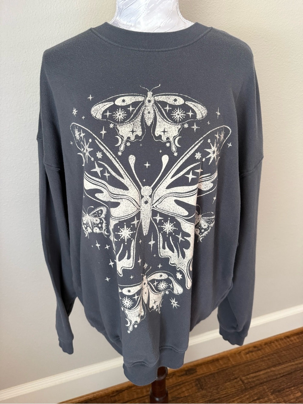 Grayson Threads Charcoal Sweatshirt with White Moth & Stars Graphic